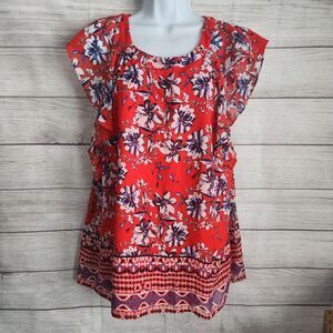 AGB Large Multicolor Red Blue Floral NWT Short Sleeve Blouse